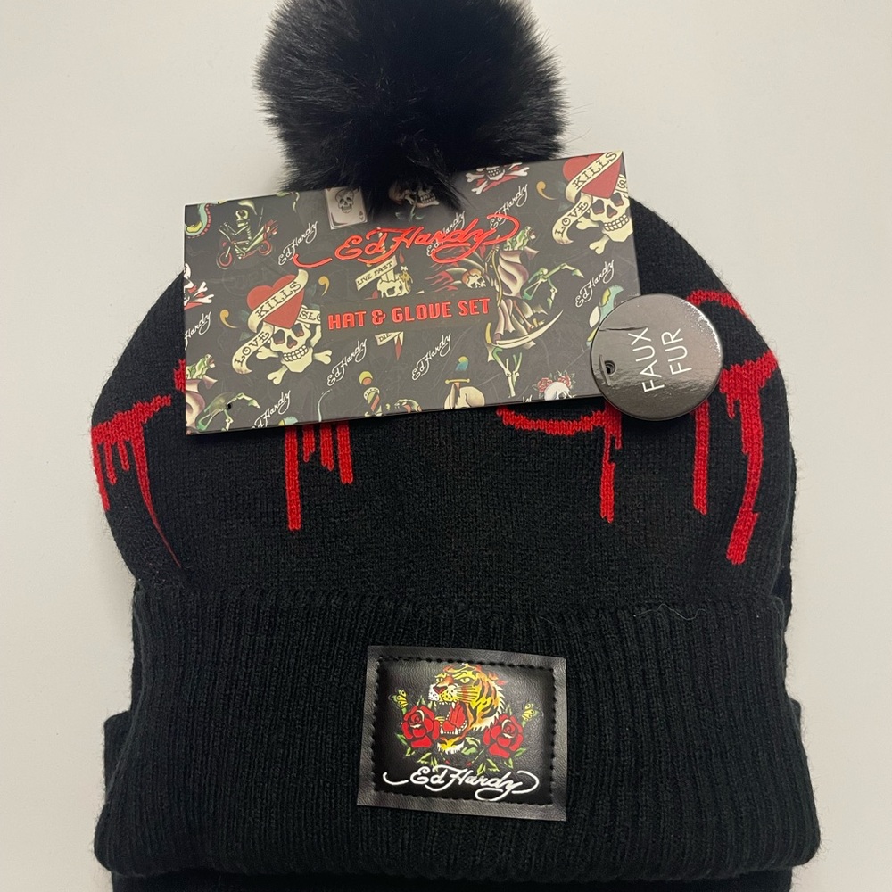 Ed Hardy Black & Red Kids Pom Pom Beanie set of 2 NEW!